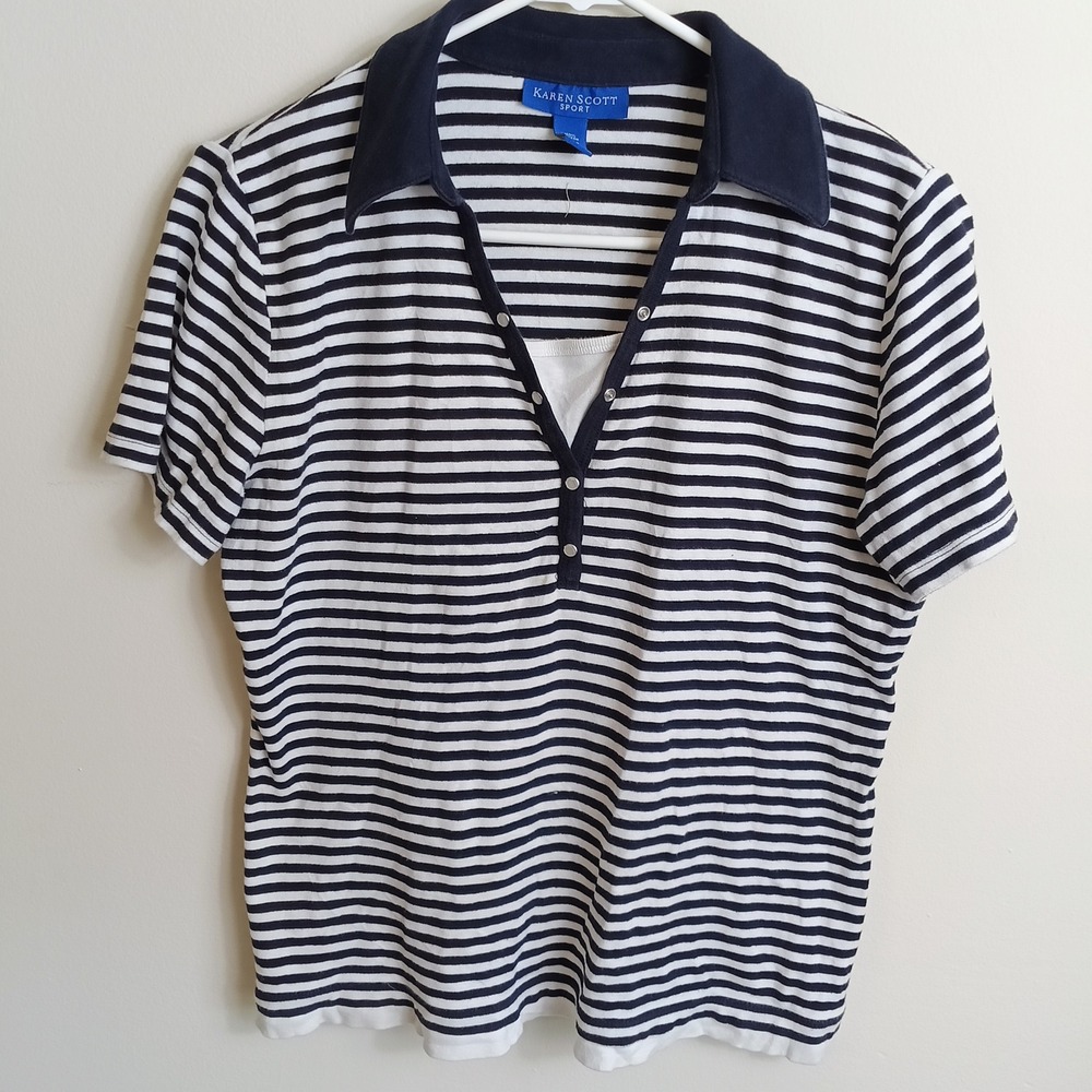 Karen Scott Sport Polo Shirt Womens M Navy White Striped Nautical V-Neck Top